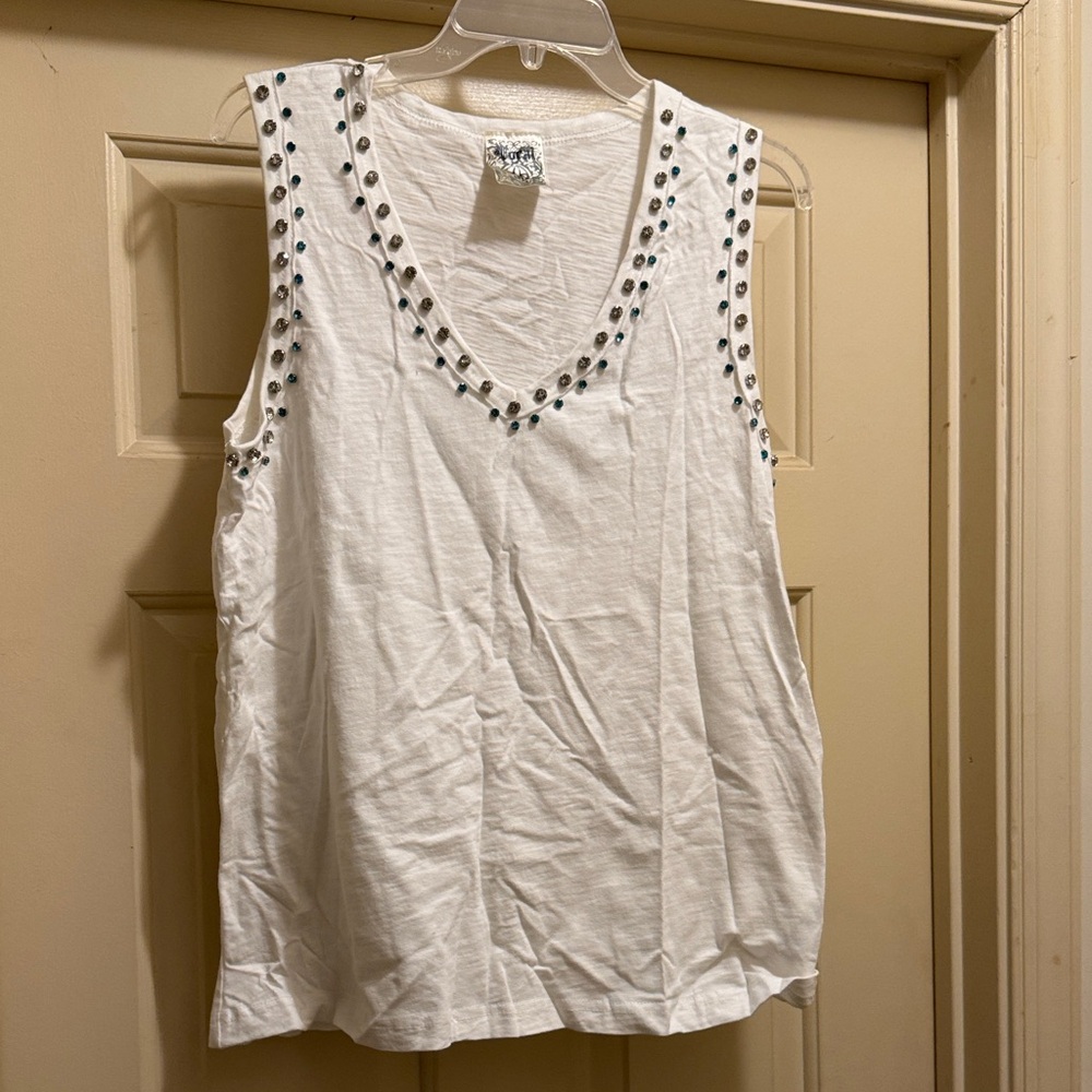 Vocal White Tank Top with Clear and Turquoise Crystal Studded Accents